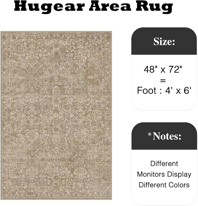 4x6 Light Brown Vintage Floral Washable Area Rug for Entryway | Low Pile, Non Slip, Retro Style, Soft Distressed Indoor Rug for Bedroom, Dining Room, Kitchen, Entrance, Home Decor