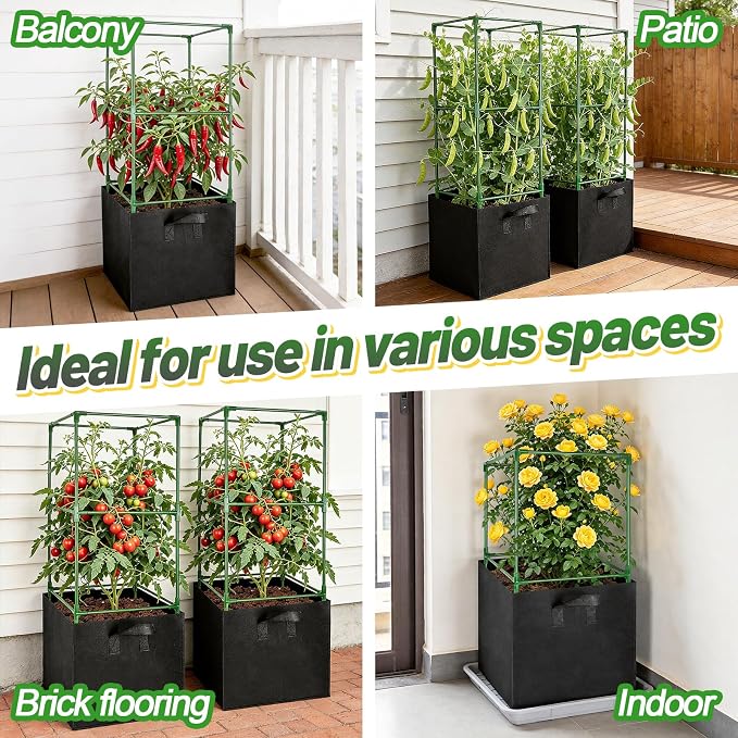 ANPHSIN Sturdy Square Tomato Cage with Movable 17 Gal Grow Bags - 3 Sets 46'' Plants Garden Trellis Planter, Support for Indoor Outdoor, Cucumber, Beans, Peppers, Eggplants, Climbing Vegetables