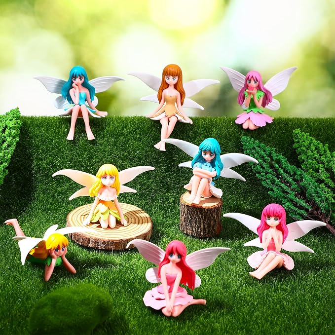 Miniature Fairy Figurines, 8 Pcs Hand-Painted Small Flower Fairies with Wings for Garden Decor, Cake Topper & Landscapes