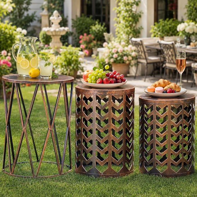 Y&M Outdoor Side Tables Set of 3, Round Heavy Duty Metal Nesting End Tables, Stacking Patio Accent Tables for Outside, Balcony, Garden, Porch, Indoor & Outdoor, Black with Bronze