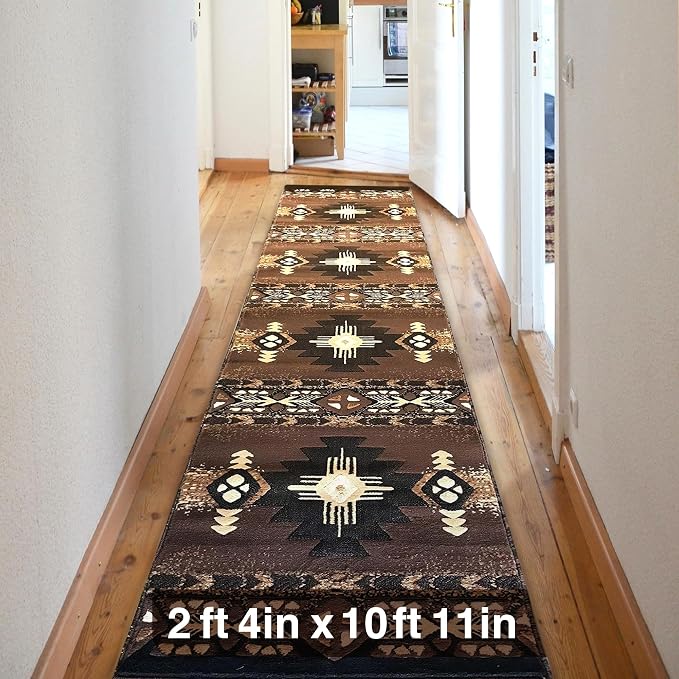 YHSF Southwest Native American Area Rug – Thick, Soft, Durable & Easy to Maintenance Tribal Design Boho Rug– Ideal for Bedroom, Living Room & Hallway - Chocolate, 2 Feet 4 Inches x 10 Feet 11 Inches