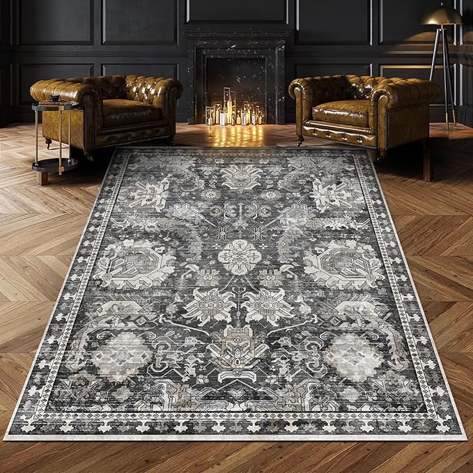 Washable Area Rugs - Perfect for Living Room, Bedroom, Kids Room, Nursery - Stain & Water Resistant Non-Slip, Pet & Child Friendly, Vintage Tribal Area Rugs (Grey, 4' x 6')