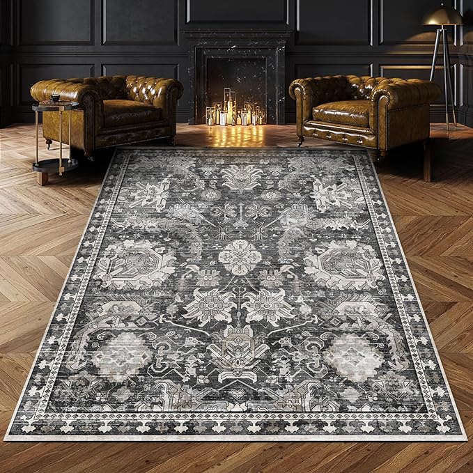 Washable Area Rugs - Perfect for Living Room, Bedroom, Kids Room, Nursery - Stain & Water Resistant Non-Slip, Pet & Child Friendly, Vintage Tribal Area Rugs (Grey, 6' x 9')