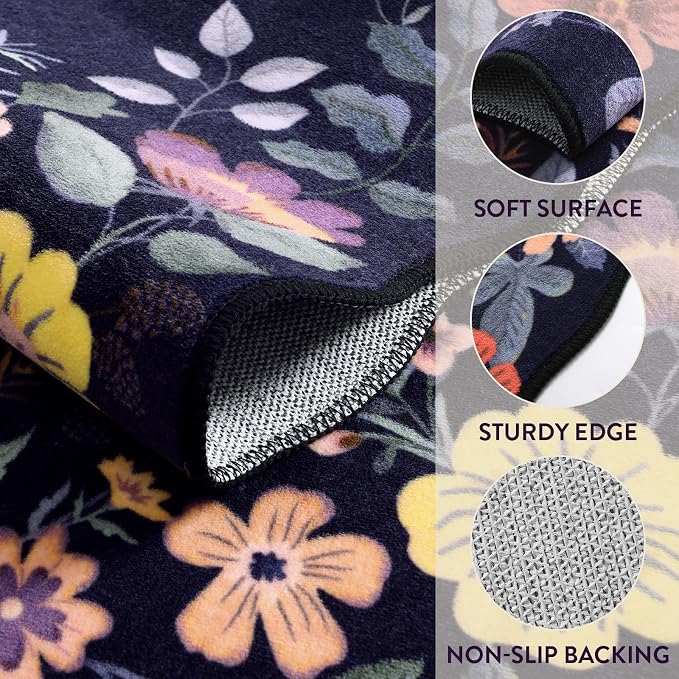 Lahome Floral Kitchen Runner, 2X6 Purple Washable Runner Rug Non-Slip | Ultra-Thin Soft Hallway Rug Stain Resistant Boho Low-Pile Carpet for Laundry Bathroom Bedroom Flore (2x6ft, Purple)