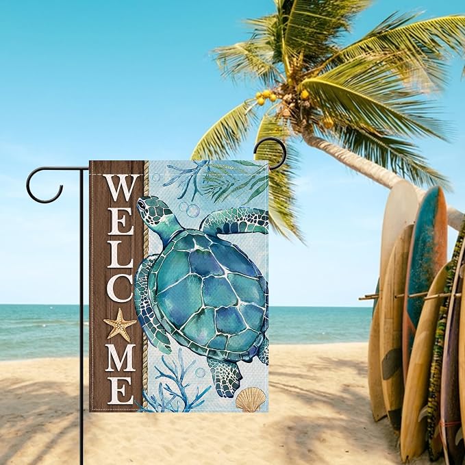 Artofy Welcome Summer Beach Sea Turtle Small Decorative Garden Flag, Coastal Ocean Farmhouse Yard Lawn Outside Decor, Spring Nautical Starfish Coral Burlap Outdoor Home Decoration Double Sided 12 x 18