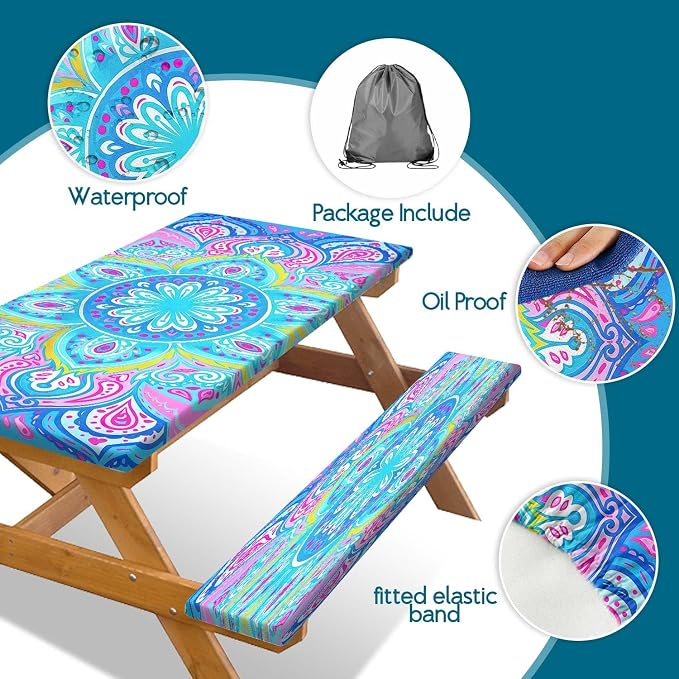 Picnic Table Covers with Bench Covers Boho Pattern Camping Tablecloth Fitted Picnic Table Cover with Elastic Windproof Waterproof Fabric, Outdoor Camping Accessories Gifts for Men Women, 72In 3PCS