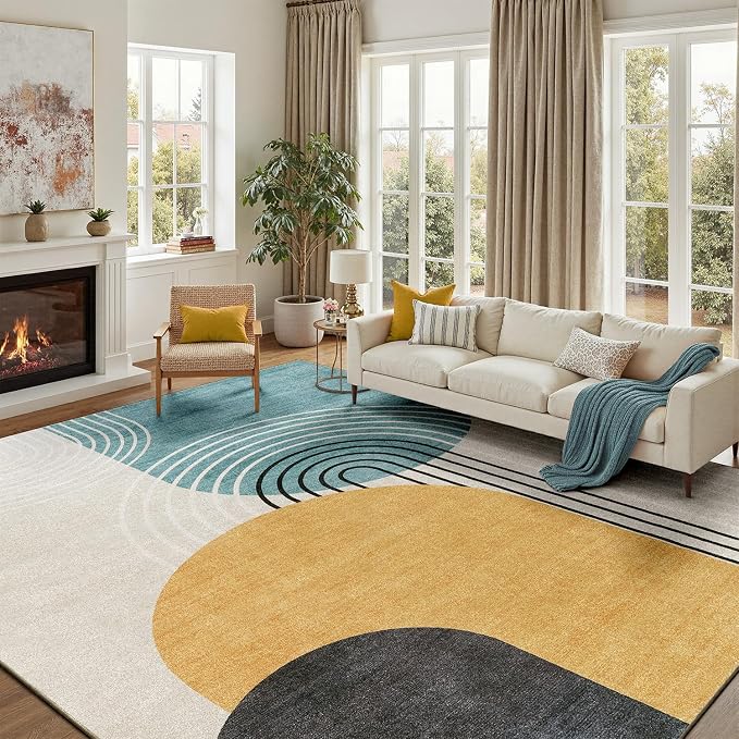 DCX Abstract Washable 10x13 Rug, Non Slip Low Pile Rug, Blue & Yellow | Rugs for living room, bedroom, dining room, office, soft, mid century modern rug, sain resistant indoor carpet, home decor