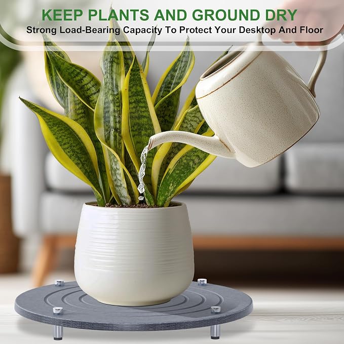 2Pcs 14 Inch Plant Saucers for Indoors, Instant Dry Diatomaceous Earth Plant Saucer, Plant Trays for Pots with Stainless Steel Feet, Plant Water Catcher Tray, Gray