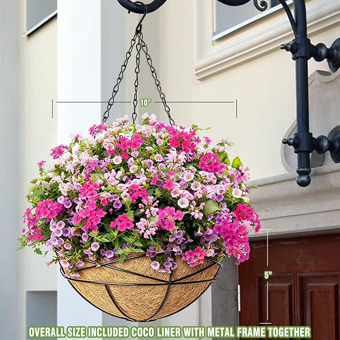 2 Pack 10 Inch Hanging Planters for Outdoor Plants Metal Wire Flower Baskets with Natural Coconut Liners for Garden Planting Decor
