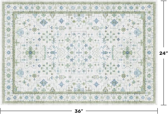 Washable Boho Bathroom Rug 2x3 - Small Throw Area Rugs for Powder Room, Laundry, Kitchen, Blue and Green Oushak Modern Eclectic Geometric Floral Pastel Decor, Low Pile Non-Slip Stain Resistant