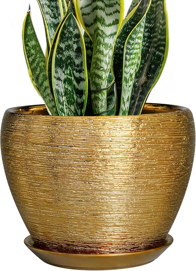 Ceramicfor Ceramic Plant Pot 8 Inch - Planter for Outdoor Plants Indoor Plant Pot with Drainage Hole and Saucer Decorative Round Planter Modern Flower Pot for House Decor Gold