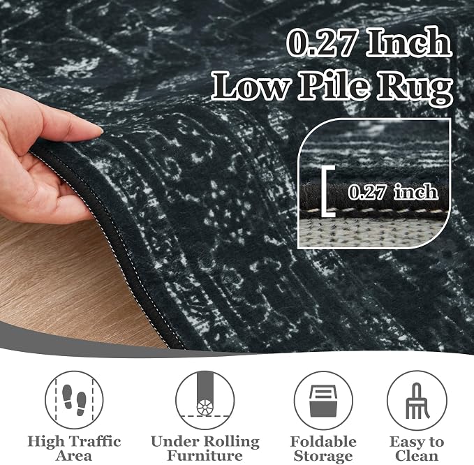Black White 2x8 Kitchen Runner Rug, Washable Non Slip Hallway Entryway Runner Indoor, Low Pile Vintage Medallion Distressed Carpet Runners 8ft for Bedroom Bedside/Laundry Room/Bathroom