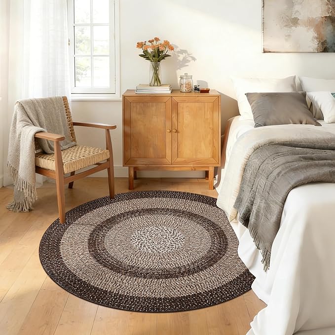 RUGSREAL Modern Bordered Round Area Rug 4ft Washable Bedroom Circle Rugs | Non Slip Stain Resistant Dining Room Round Throw Carpet Contemporary Circle Mats for Living Room Kitchen Nursery, Brown