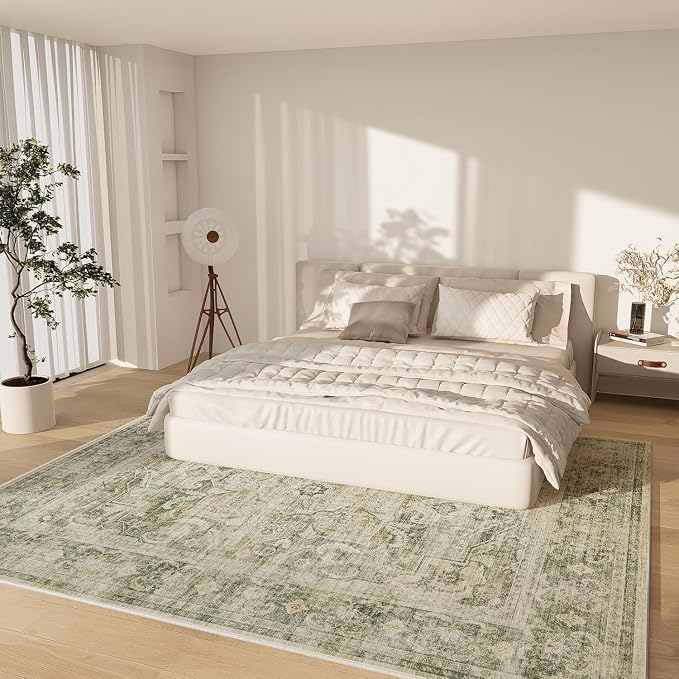 Washable Area Rugs for Living Room: 10 x12 Boho Rug Large Living Room Rug Stain Resistant Distressed Vintage Area Rug Non Slip Low Pile Faux Wool Soft Rugs for Bedroom Playroom Farmhouse Dining Room
