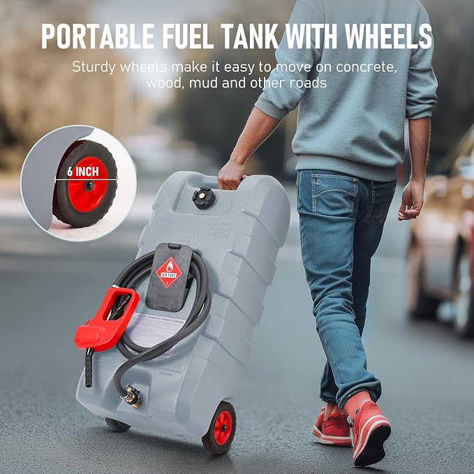 15 Gallon Gas Can, Fuel Tank Container with LE Fluid Transfer Manual Siphon Pump & 10FT Hose, Portable Diesel Gas Storage Caddy with Wheels for Car, ATV, Weeder, Boat, etc., Grey
