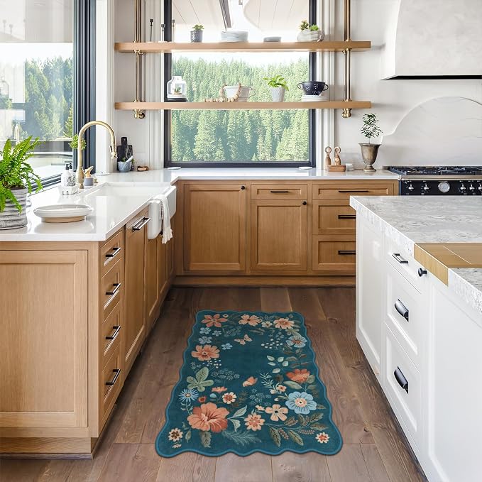 Lahome Floral Washable Entryway Rug, 2X3 Soft Kitchen Rugs Non-Slip Blue | Ultra-Thin Door Mat Indoor Entrance Stain Resistant Boho Small Carpet for Bathroom Bedroom Flore, Navy/Blue