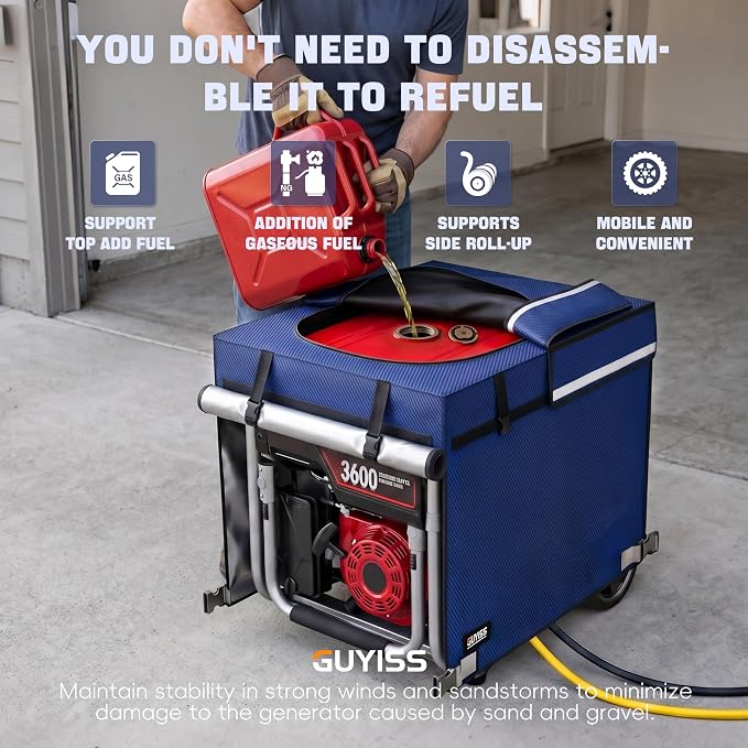 Generator Covers While Running. 360° All-round Double-layer Protection. 38"L×28"W×27"H. The Top can be Opened for Adding Fuel. Blue.