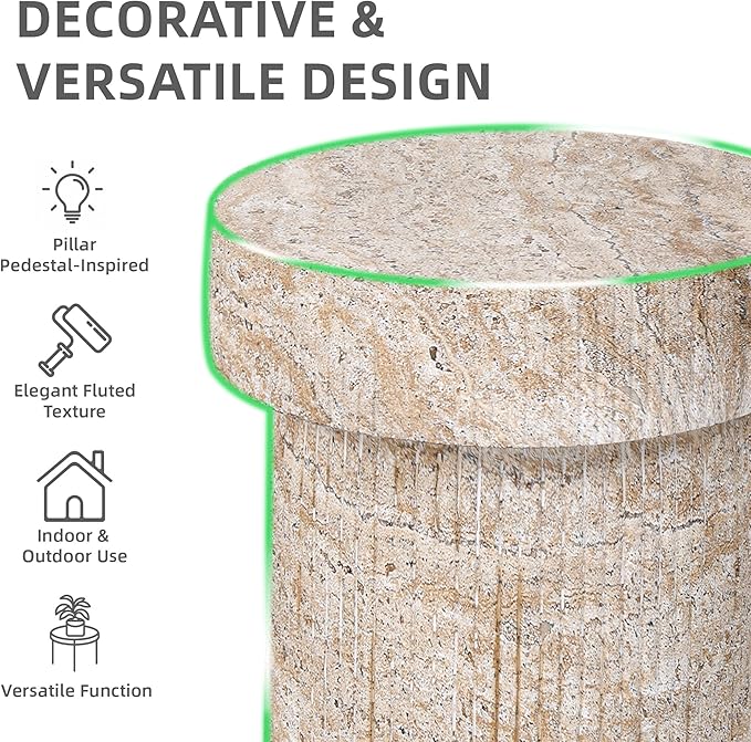 Side Table, 24" Travertine Pedestal End Table, 3-in-1 Durable Lightweight Outdoor Round Coffee Table, Decorative Patio Accent Table Fluted Garden Stool Art Decor for Balcony, Living Room, Beige