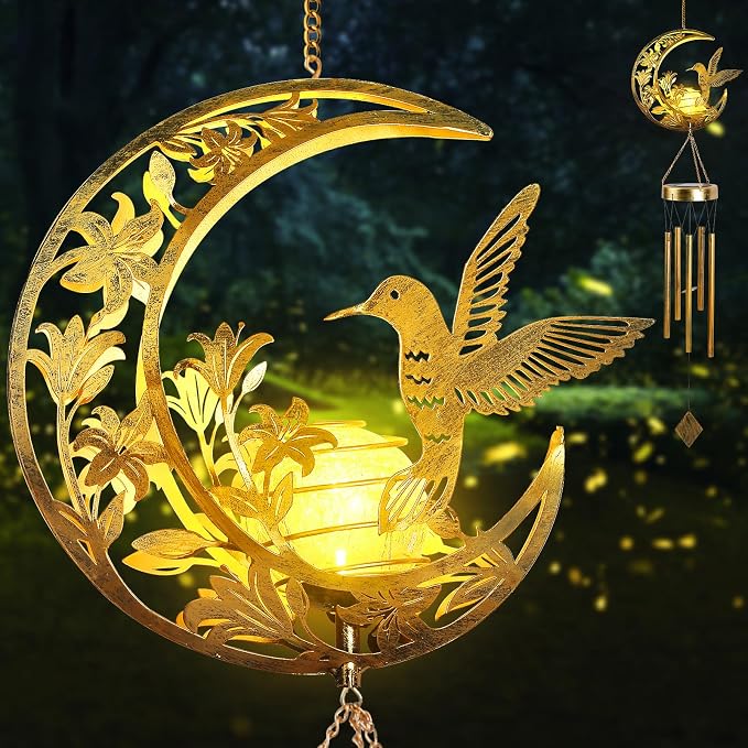 JOBOSI Moon Hummingbird Wind Chimes Decor Gifts, Solar Hummingbird Wind Chimes for Outside, Mother's Day Wind Chime Gift, Gifts for Mom, Women, Grandma, Outdoor Garden Lawn Yard Decor