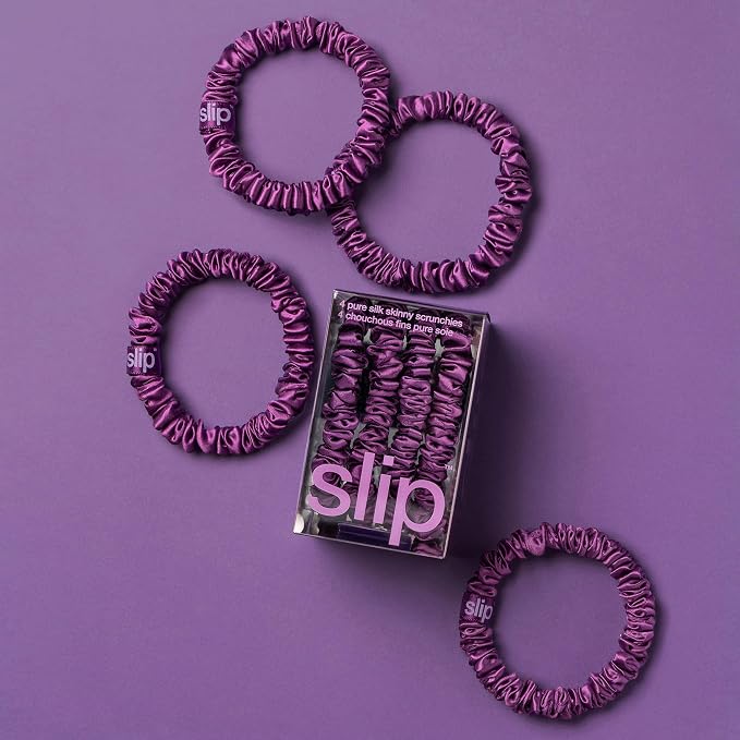 Slip Silk Hair Ties — Skinny Silk Dark Purple Scrunchies, No Damage, No Crease, Anti-Breakage |100% Mulberry Silk | All Hair Types | Made with Proprietary Slipsilk™ | Set of 4
