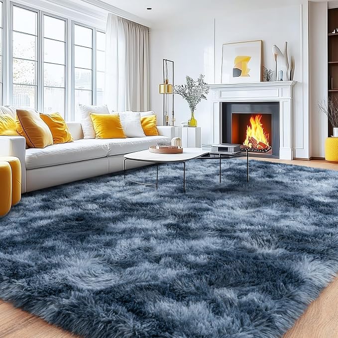 Large Area Rugs 9x12 Living Room, Ultra Fluffy Fuzzy Shag Rug for Bedroom, Modern Plush Soft High Pile Upgrade Non-Slip Carpet for Kids Girls and Boys Room Decor, Tie-Dyed Blue Grey