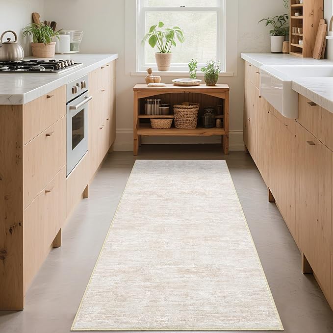 GarveeHome 2x6 Runner Rug Modern Washable Kitchen Rugs, Non Slip Non Shedding Solid Color Accent Rug Stain Resistant Low Pile Floor Cover, Contemporary Foldable Thin Mats for Bathroom, Hallway, Beige