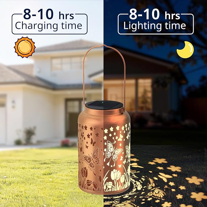 JEJOT Butterfly Solar Lanterns Outdoor Waterproof, Mothers Day Gifts, Birthday Gifts for Women Mom Grandma,Metal Hanging Solar Lantern for Yard,Garden,Porch Landscape Deconrations-1 Pack