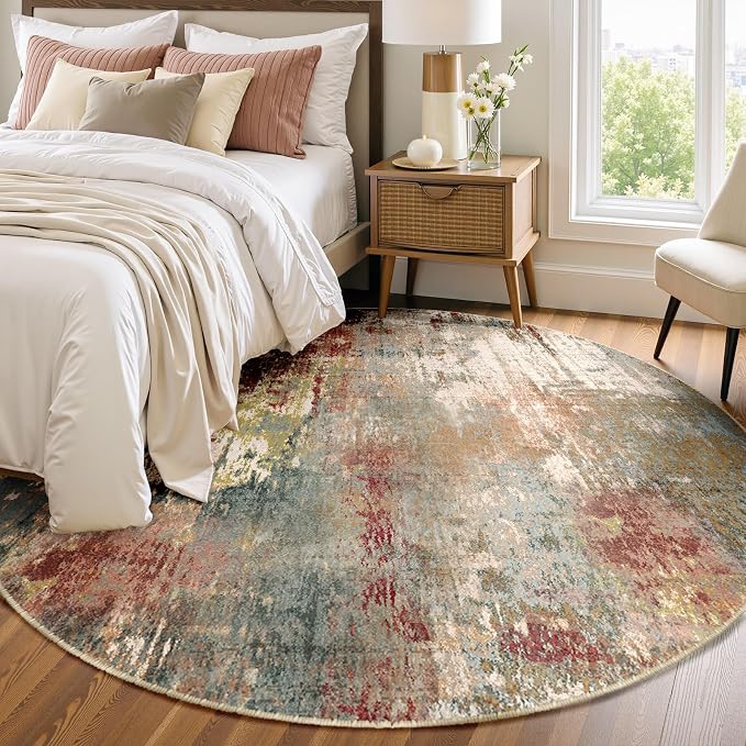 RELEANY Washable Round 6ft Area Rug for Living Room Rustic Brown | Carpet for Bedroom, Kitchen, Office, Hallway and Entryway, Printed Pattern, Non‑Slip, Soft, Stain‑Resistant, Easy to Clean
