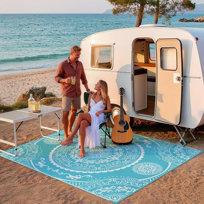 Pauwer Waterproof Outdoor Rug 8x10, Reversible Plastic Straw Patio Camping Rug, Indoor Outdoor RV Mat Carpet for Deck, Camper, Porch, Balcony, Backyard, Picnic, Paisley Teal