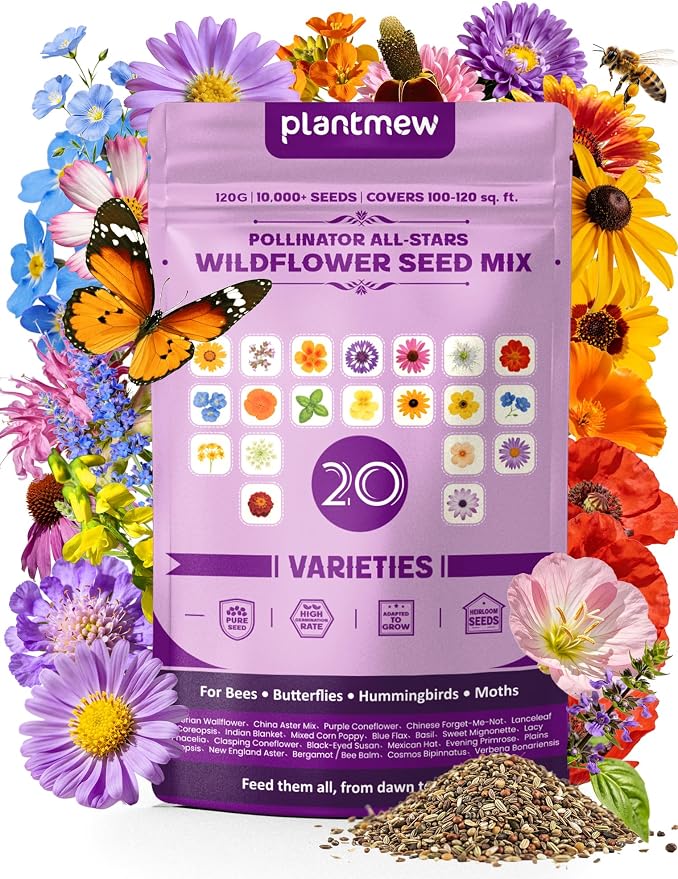 Wildflower Seeds Mix – Pollinator All-Stars, 20 Heirloom Varieties, 10,000+ Seeds (4oz) Covers 100-120 sq.ft. – High Germination for Bees, Butterflies, Hummingbirds & Moths Outdoor Garden