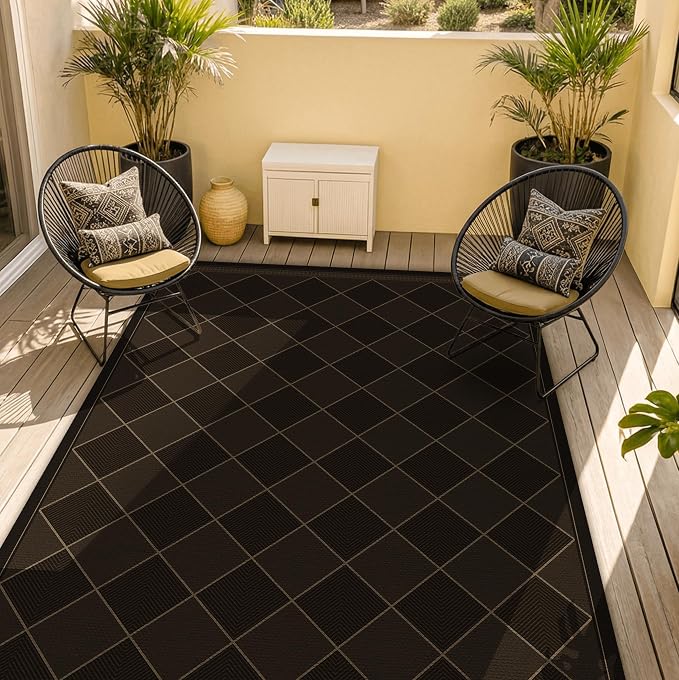 Dark Brown Diamond Checkered Easy Jute Rug Entryway 4x6, Non Slip Stain Resistant Checkerboard Area Rug, Low Pile Indoor Outdoor Carpet for Living Room, Porch & Office, Mid-Century Modern Style Decor