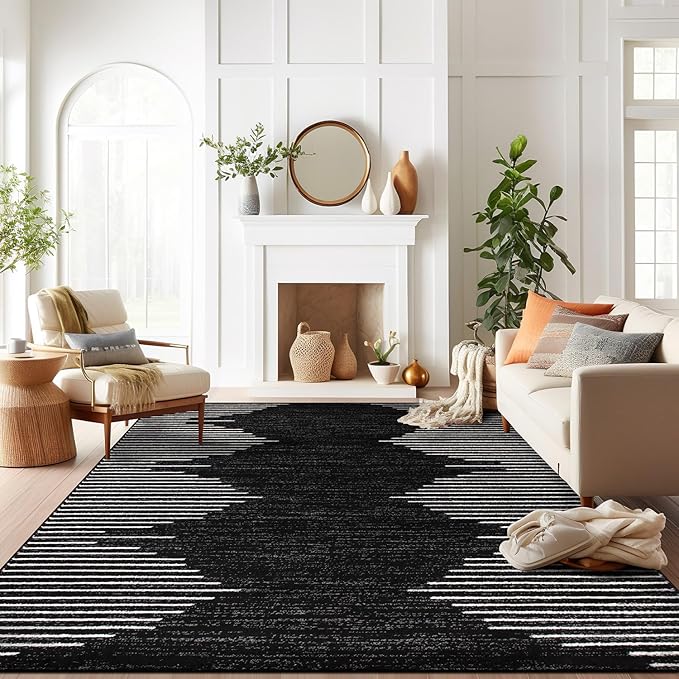 Rugshop Bohemian Stripe Stain Resistant Large Area Rug Black 8'8" x 12' | High Traffic,Fade Resistant, Living Room, Bedroom, Dining Room, Large Areas,Basement,Open Spaces,Kitchen,Oversized Area Rug