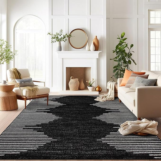 Rugshop Bohemian Stripe Stain Resistant Large Area Rug Black 8'8" x 12' | High Traffic,Fade Resistant, Living Room, Bedroom, Dining Room, Large Areas,Basement,Open Spaces,Kitchen,Oversized Area Rug