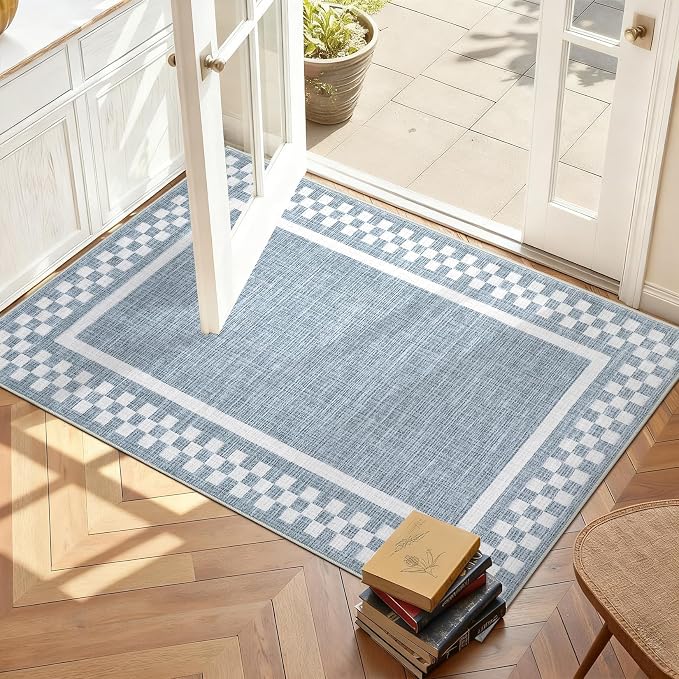 GarveeHome Small Washable Area Rug 2x3 Modern Checkered Entry Bedroom Rug | Solid Color Scalloped Kitchen Rugs Non Slip Stain Resistant Bordered Throw Carpet for Living Room Nursery Laundry, Blue