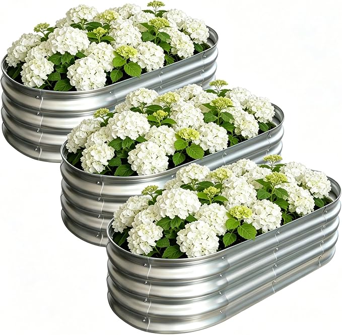 Galvanized Raised Garden Bed Outdoor, Large Raised Bed for Gardening, 3Pcs 4x2x1ft Oval Metal Planter Box for Vegetables, Fruits, Flowers, Silver
