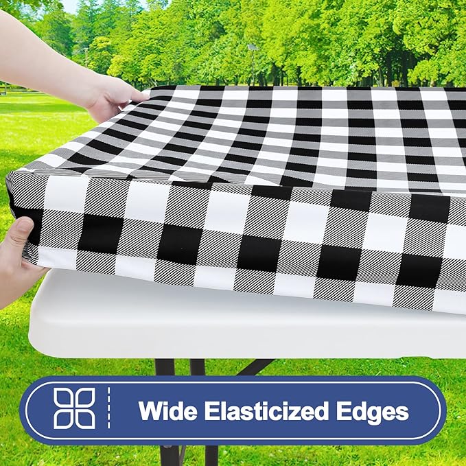 Smiry Picnic Table Cover with Bench Covers, Waterproof Elastic Fitted Tablecloths for 5 Foot Rectangle Tables, Washable Buffalo Plaid Tablecloth for Camping, Outdoor (Black & White, 30"x60")
