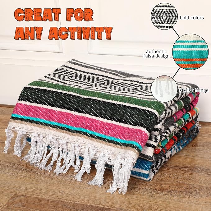Oudain 3 Pack Mexican Blankets 45 x 70 Inch Woven Serape Throw Blanket, Baja Yoga Blanket for Beach Picnic Camping Boho Couch Decor Travel Outdoor (Exquisite Color)
