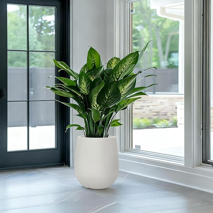 16.9 Inch Plastic Tall Large Planters for Outdoor Plants, Modern Round Tapered Flower Pot for Indoor Plants, Plant Pots with Drainage Holes and Rubber Plug for Home Garden Patio, Chalk Beige