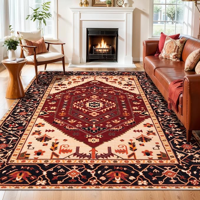 SERISSA 6x9 Washable Non Slip Boho Area Rug for Living Room，Red Black | Ultra Soft Vintage Oriental Carpet Low-Pile Distressed Tribal Throw Carpet for Dining Room Bedroom Dorm Office Home Decor