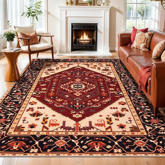 SERISSA 6x9 Washable Non Slip Boho Area Rug for Living Room，Red Black | Ultra Soft Vintage Oriental Carpet Low-Pile Distressed Tribal Throw Carpet for Dining Room Bedroom Dorm Office Home Decor