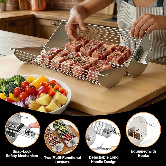 TNTOR Rolling Grill Basket, Larger 304 Stainless Steel Nesting Grilling Net, Removable Handle, BBQ Accessories Tools for Veg Shrimp, Outdoor Cooking Camping Father's Day grilling gifts for men Dad