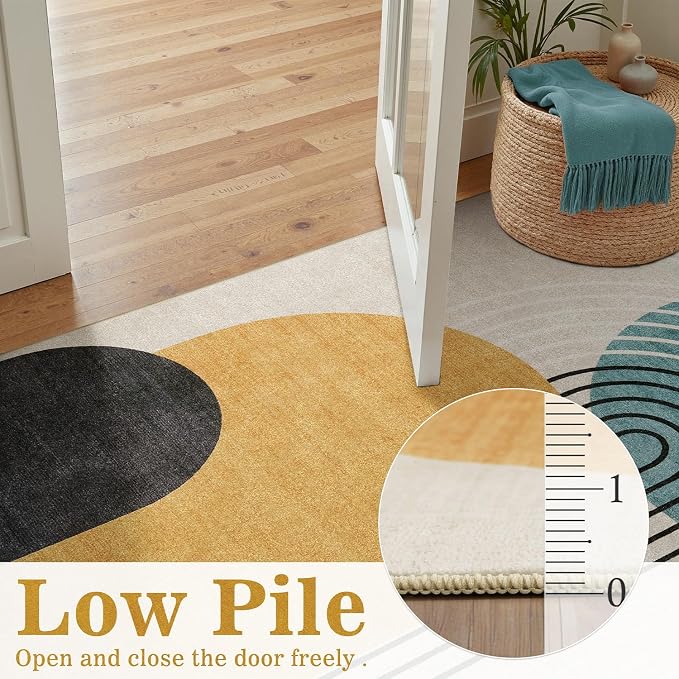 DCX Abstract Washable 3x5 Rug, Non Slip Low Pile Rug, Blue & Yellow | Rugs for living room, bedroom, dining room, office, soft, mid century modern rug, sain resistant indoor carpet, home decor