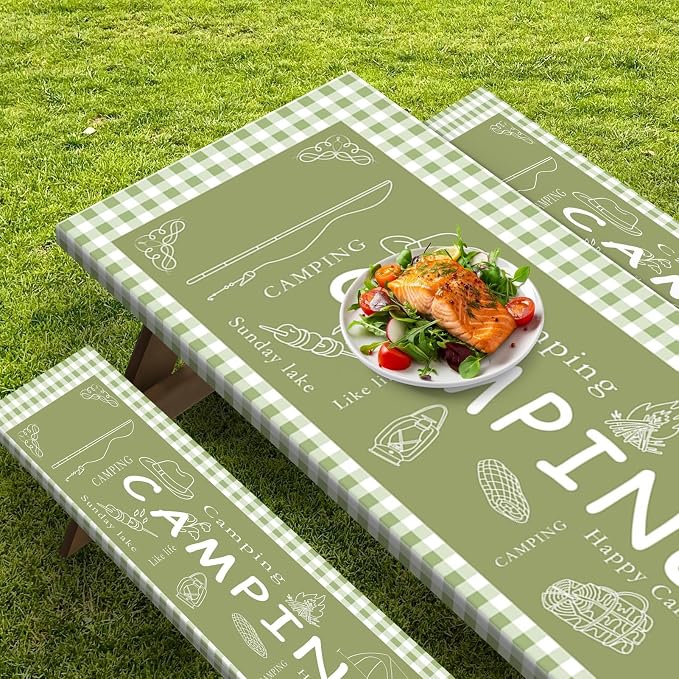 Picnic Table Cover with Bench Covers Elastic Edges, Green Camper Fitted Table Cover, Outdoor Patio Camping Essentials 72 Inch 3PCS, Waterproof Camping Fitted Tablecloth with Drawstring Bag