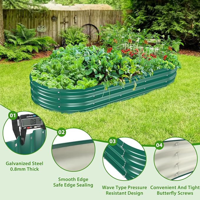 TBMLC Oval Galvanized Planter Box, Metal Raised Garden Bed - 0.8MM Thick- Ideal for Outdoor Gardening and Planting of Vegetables Flowers Fruits Succulent Plants and Others (Green, 6X3X1 FT)