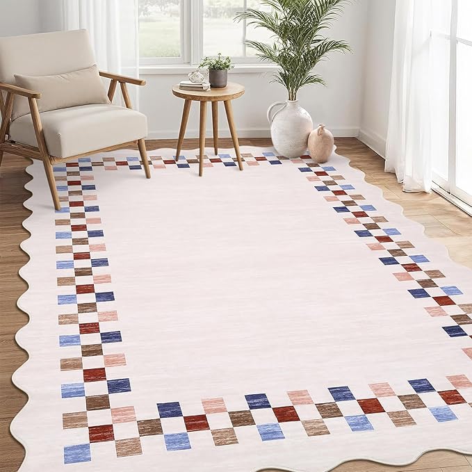 GarveeHome 4x6 Area Rug Small Washable Living Room Rug Scalloped Rug | with Rubber Backing Stain Resistant Low Pile Dining Room Throw Carpet Modern Bordered Mat for Bedroom Kitchen, Colorful