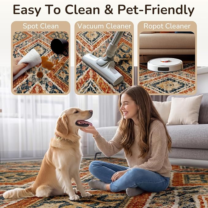 Area Rug 8x10 Rug Machine Washable Non-Slip Low Pile Print Pattern Western Rug for Living Room Bedroom Entryway Tribal Series -Orange/Brown | Soft Western No Slip Low Pile Print Foldable Indoor for Kitchen Dining Room