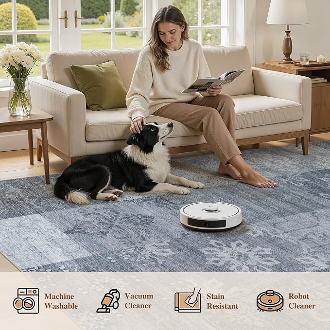 UERMEI 6x9 Area Rug for Living Room - Washable Vintage Carpet, Non-Slip Soft Large Indoor Floor Rugs for Bedroom Home Office & Under Dining Table Decor, Blue Block