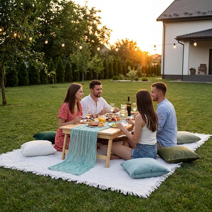 Moukeren 10 Pcs 71''x102'' Extra Large White Outdoor Boho Picnic Blanket with Table Runner and 8 Throw Pillow Covers Oversized Washable Portable Beach Blanket for Picnic Camp Lawn Wedding