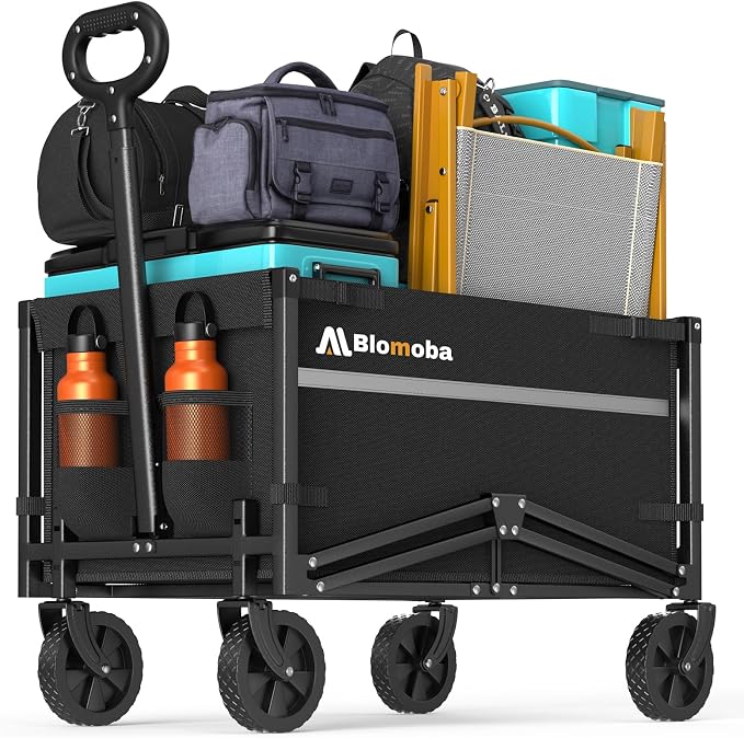 Blomoba Collapsible Wagon Cart, Flexible Handle, Portable Collapsible Wagon with All-Terrain Wheels 360° Rotation, 220LBS Heavy Duty Utility Cart for Garden Camping Grocery Sports Shopping Beach