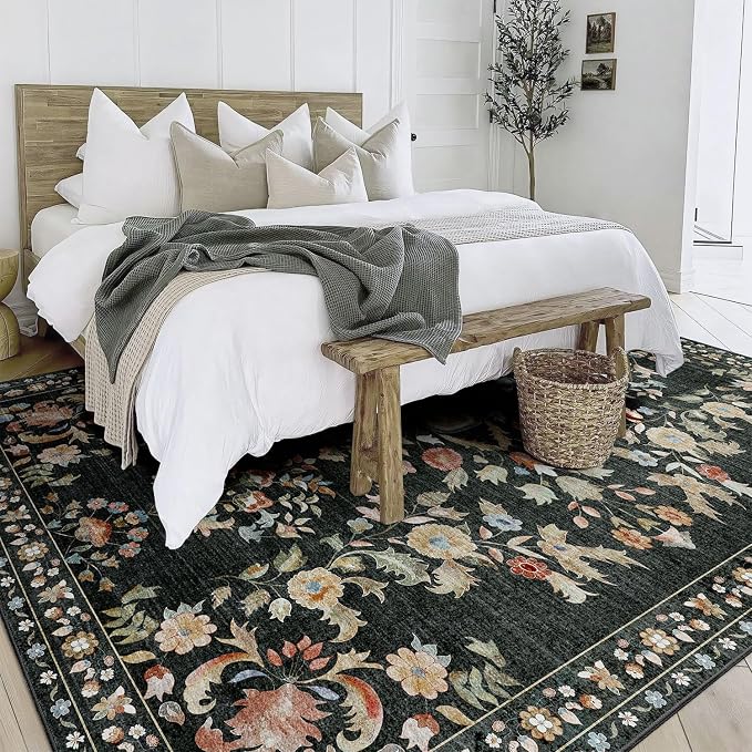 8x10 Area Rugs Washable Floral Rug Non Slip Ultra-Thin Large | Machine Washable Throw Carpet for Living Room Dining Room Bedroom Floor Indoor Low Pile Boho Vintage Black